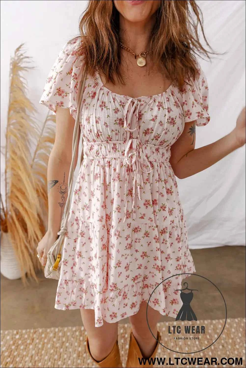Pink Front Tie Shirred Waist Short Sleeve Ruffled Floral Mini Dress