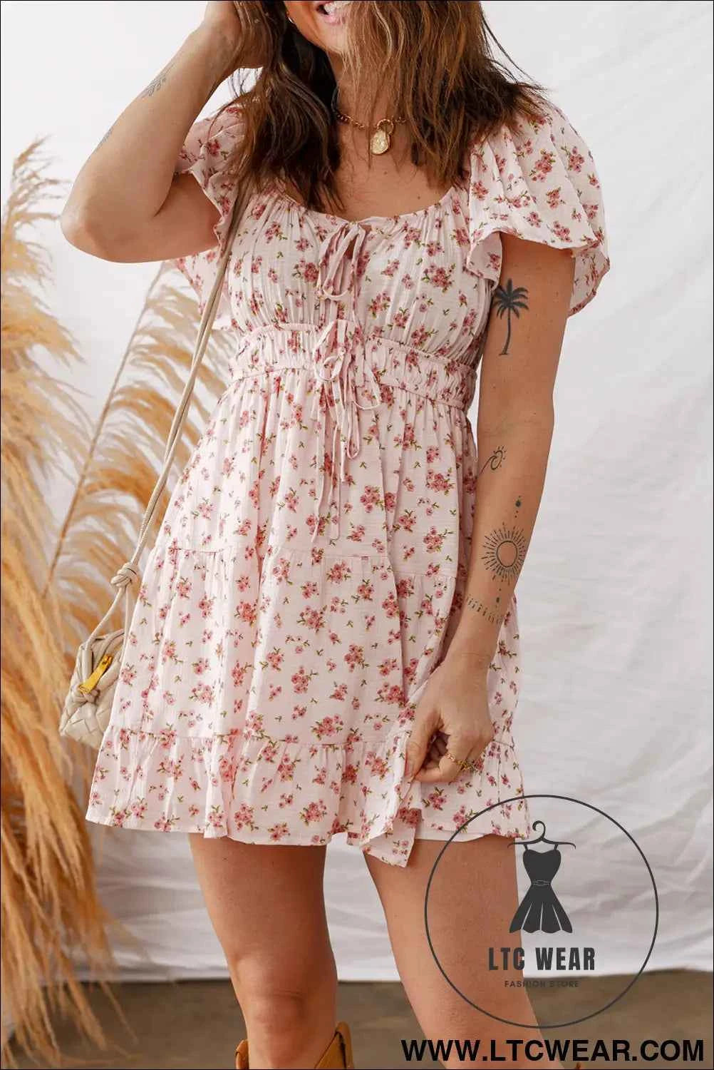 Pink Front Tie Shirred Waist Short Sleeve Ruffled Floral Mini Dress
