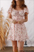 Pink Front Tie Shirred Waist Short Sleeve Ruffled Floral Mini Dress