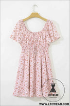 Pink Front Tie Shirred Waist Short Sleeve Ruffled Floral Mini Dress