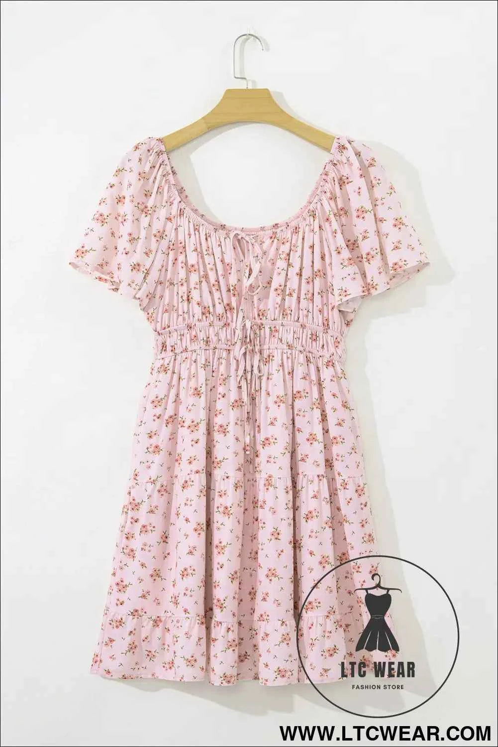 Pink Front Tie Shirred Waist Short Sleeve Ruffled Floral Mini Dress