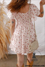 Pink Front Tie Shirred Waist Short Sleeve Ruffled Floral Mini Dress