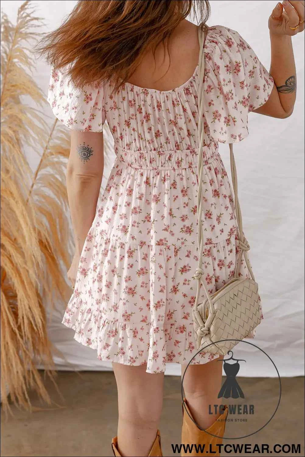 Pink Front Tie Shirred Waist Short Sleeve Ruffled Floral Mini Dress