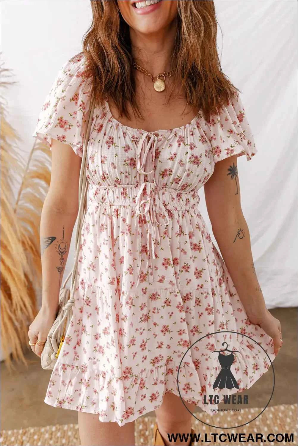 Pink Front Tie Shirred Waist Short Sleeve Ruffled Floral Mini Dress