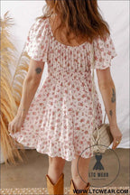 Pink Front Tie Shirred Waist Short Sleeve Ruffled Floral Mini Dress