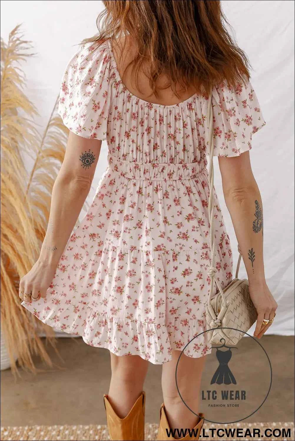 Pink Front Tie Shirred Waist Short Sleeve Ruffled Floral Mini Dress