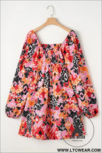 Pink geometric print square neck puff sleeve mini dress - 15%