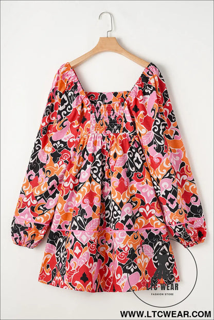 Pink geometric print square neck puff sleeve mini dress - 15%