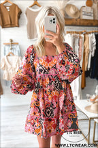 Pink geometric print square neck puff sleeve mini dress - 15%