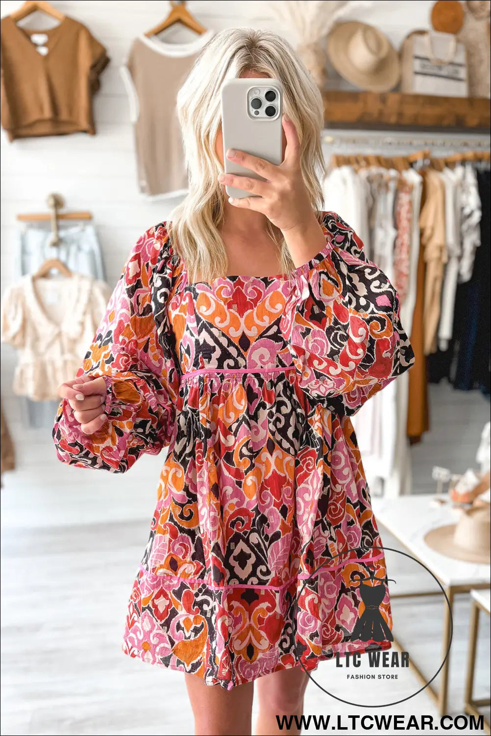 Pink geometric print square neck puff sleeve mini dress - 15%