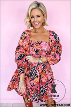Pink geometric print square neck puff sleeve mini dress - 15%