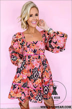 Pink geometric print square neck puff sleeve mini dress - 15%