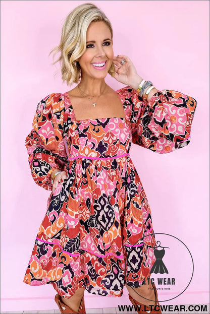 Pink geometric print square neck puff sleeve mini dress - 15%