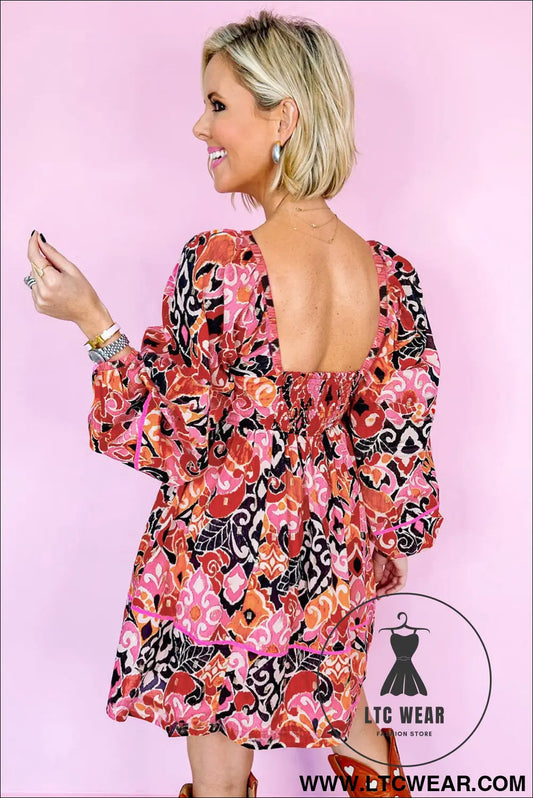Pink geometric print square neck puff sleeve mini dress - 15%