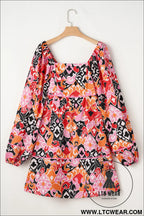 Pink geometric print square neck puff sleeve mini dress - 15%