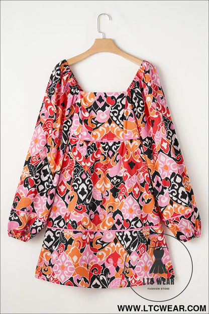 Pink geometric print square neck puff sleeve mini dress - 15%