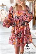 Pink geometric print square neck puff sleeve mini dress - pink / l / 100% cotton - 15%