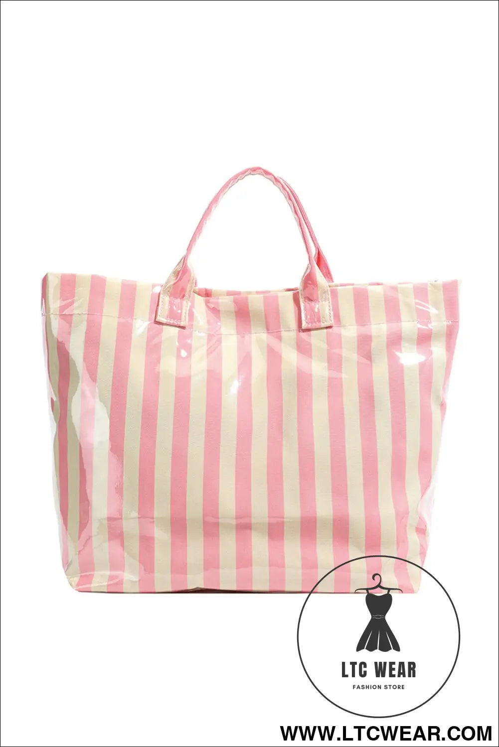 Pink glossy striped vinyl large tote bag - pink / one size / 95% pu + 5% alloy - handbags