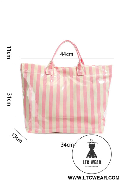 Pink glossy striped vinyl large tote bag - pink / one size / 95% pu + 5% alloy - handbags