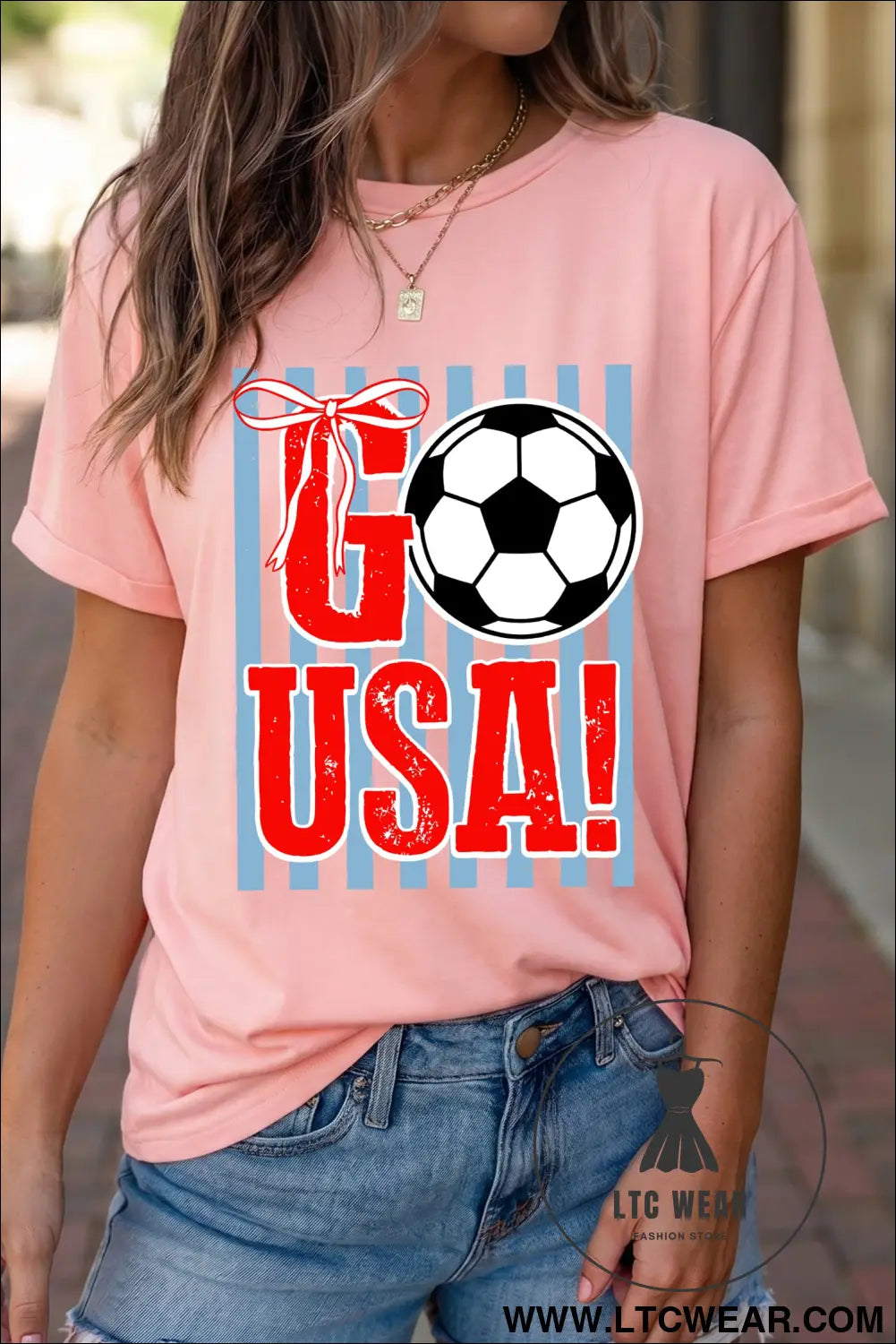Pink go usa soccer striped print t shirt - pink / 2xl / 62% polyester + 32% cotton + 6% elastane - graphic tees