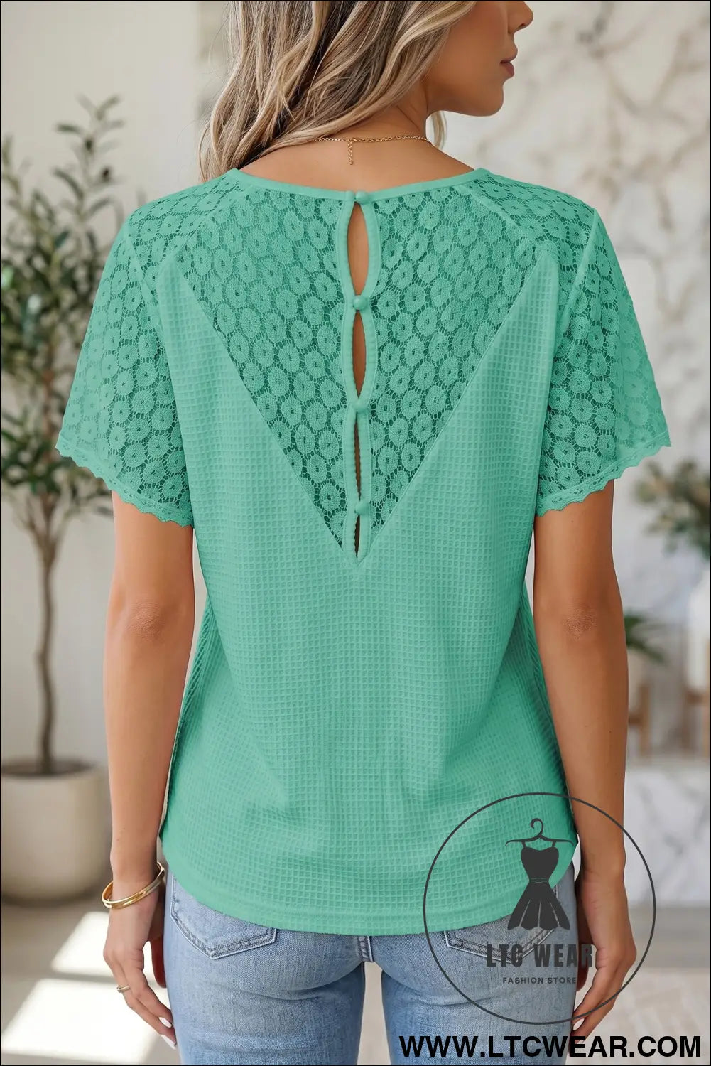 Pink Lace Splicing Button Cutout V Neck Waffle Knit Blouse - L.T.C Wear Online Fashion Store