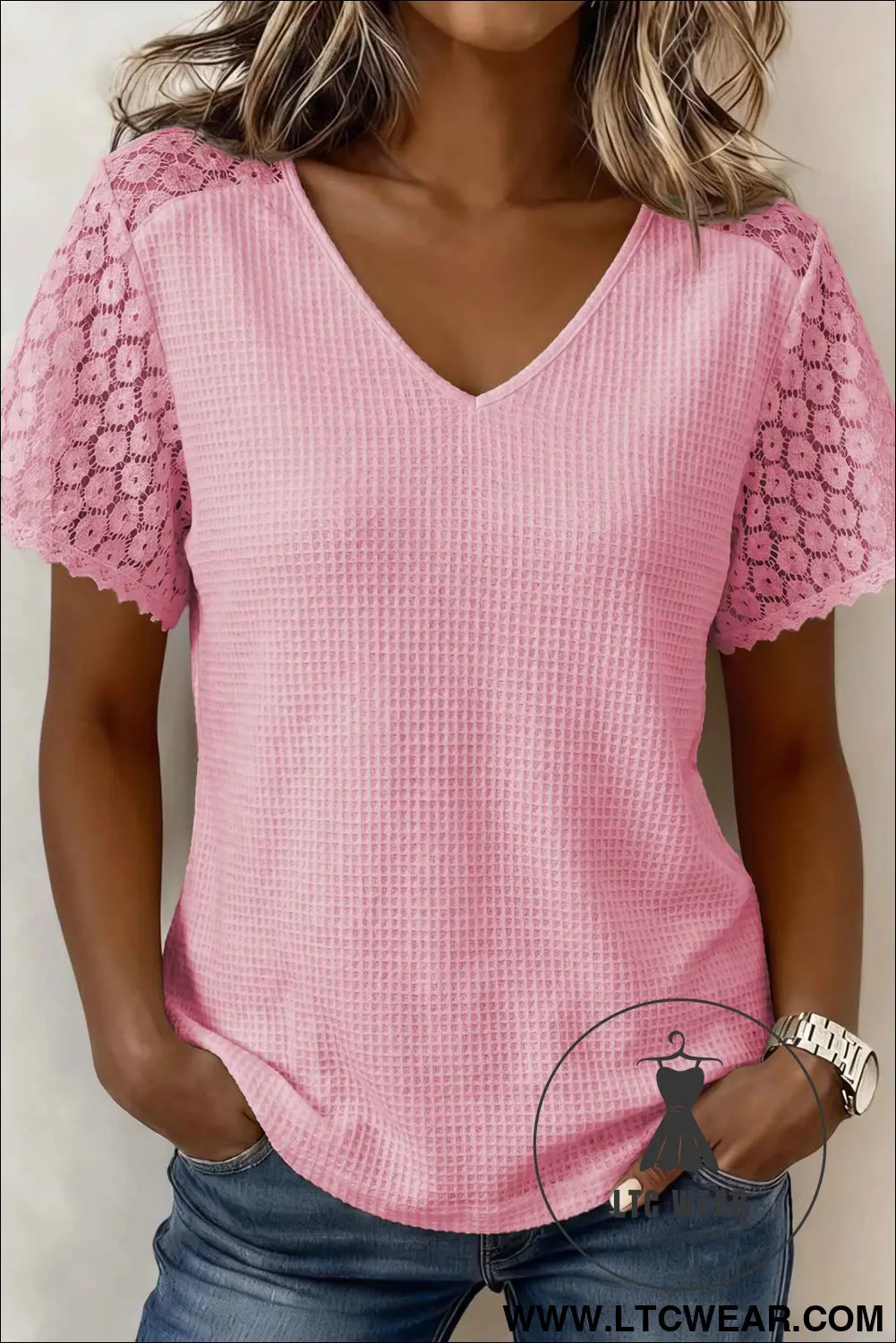 Pink Lace Splicing Button Cutout V Neck Waffle Knit Blouse