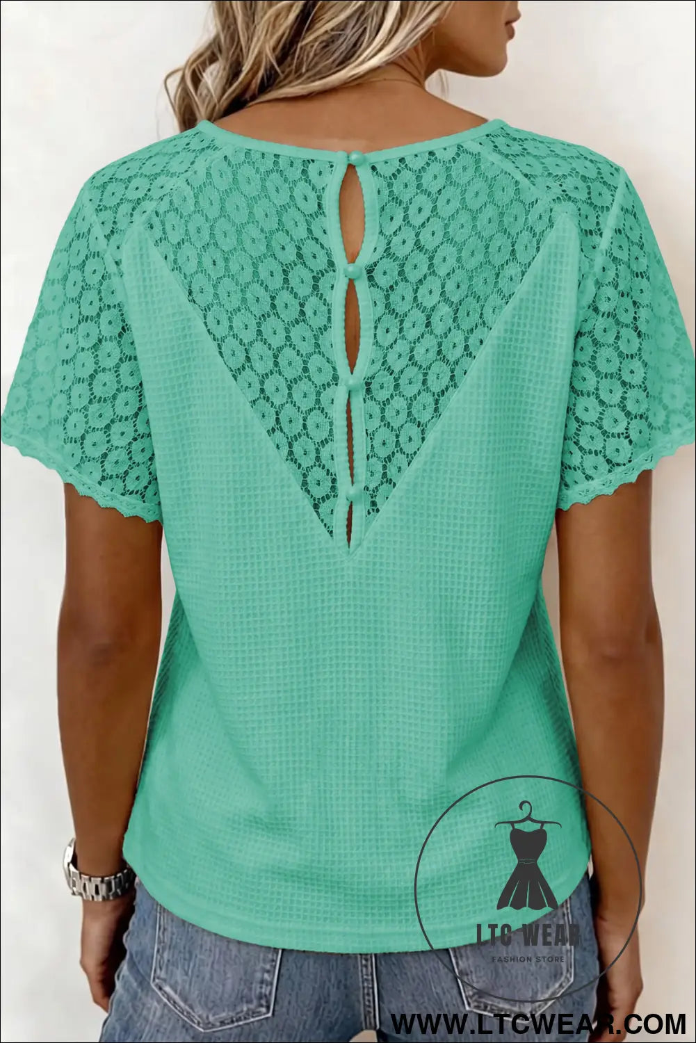 Pink Lace Splicing Button Cutout V Neck Waffle Knit Blouse - L.T.C Wear Online Fashion Store