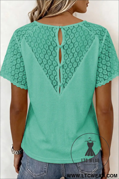 Pink Lace Splicing Button Cutout V Neck Waffle Knit Blouse - L.T.C Wear Online Fashion Store