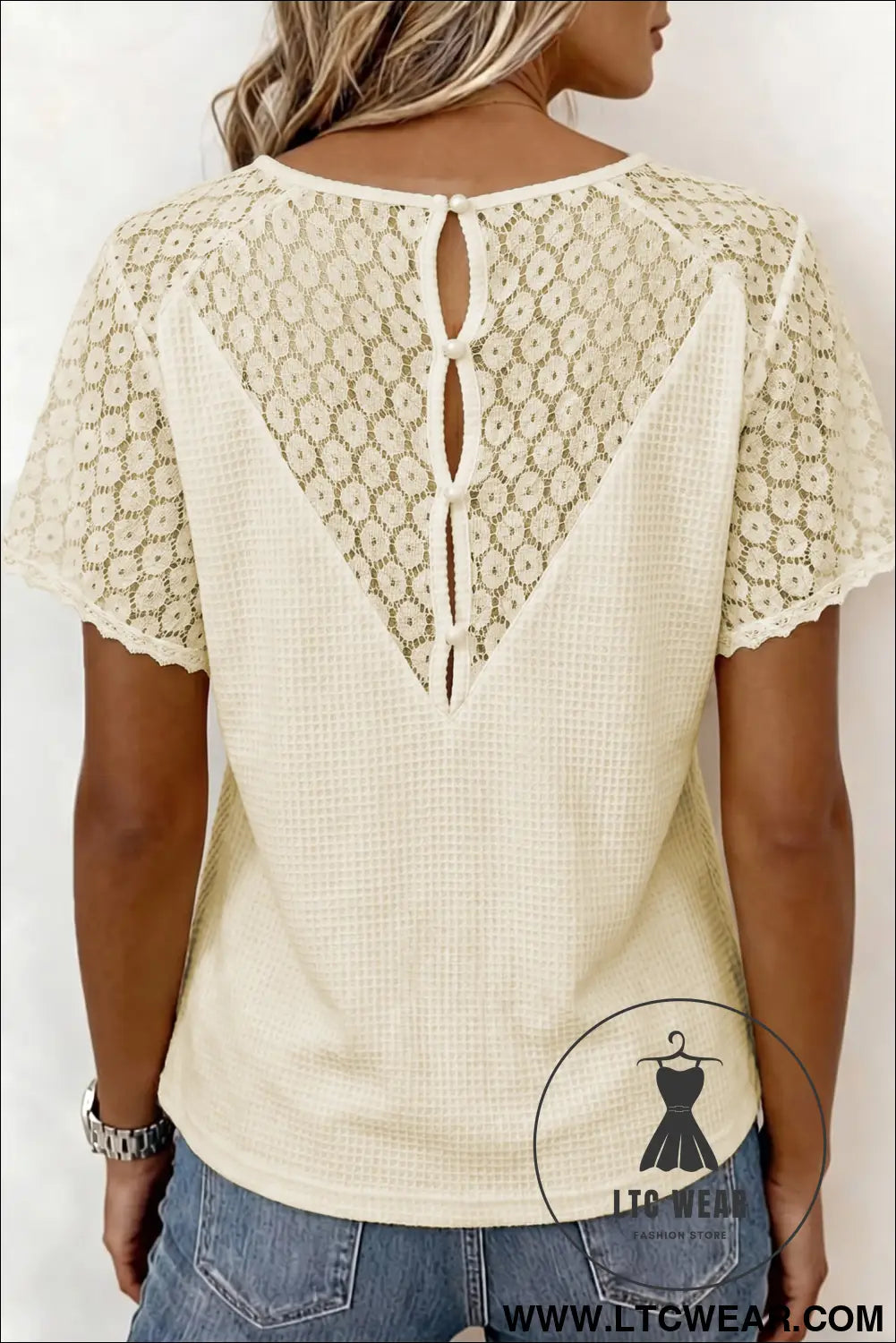 Pink Lace Splicing Button Cutout V Neck Waffle Knit Blouse - L.T.C Wear Online Fashion Store