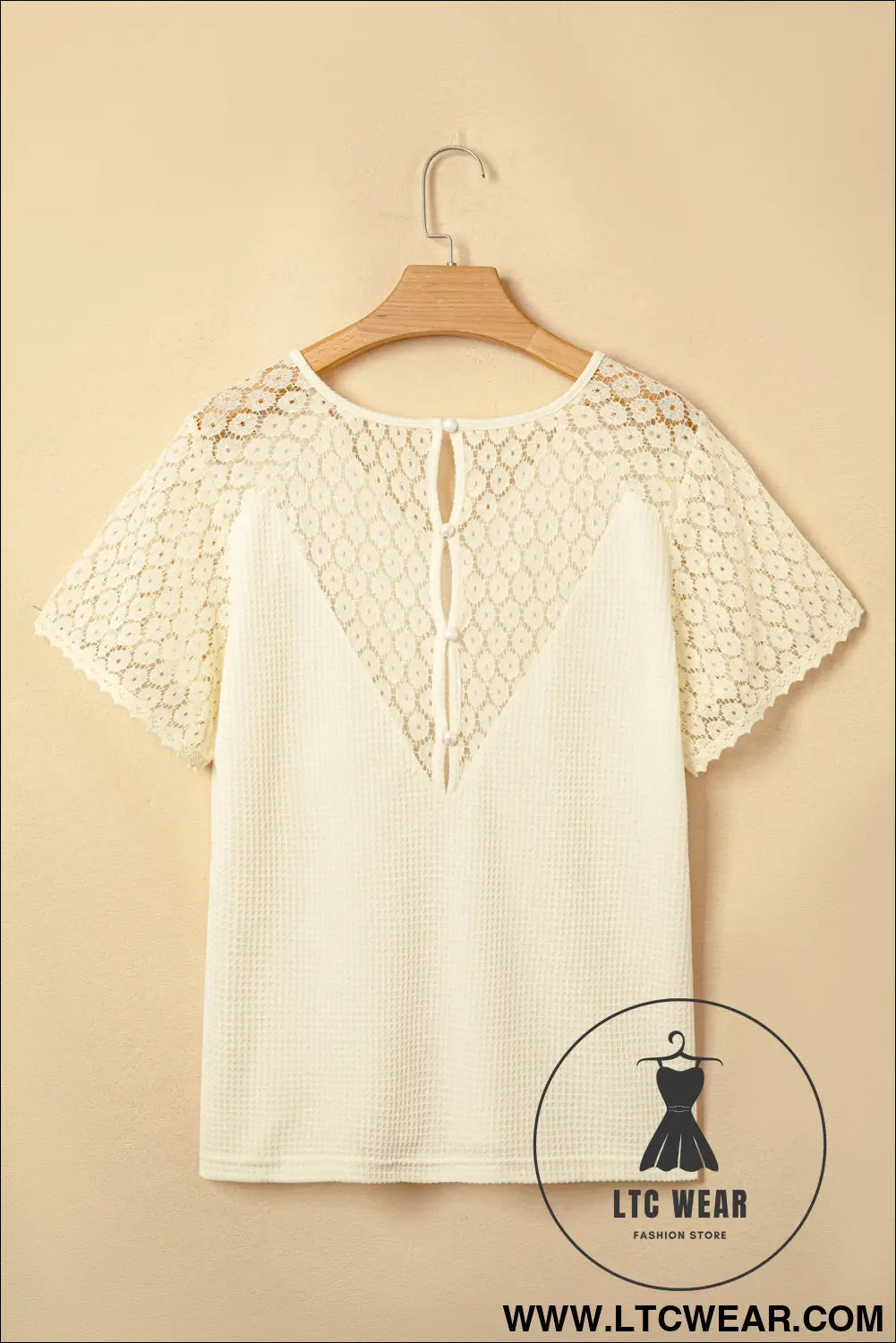 Pink Lace Splicing Button Cutout V Neck Waffle Knit Blouse - L.T.C Wear Online Fashion Store