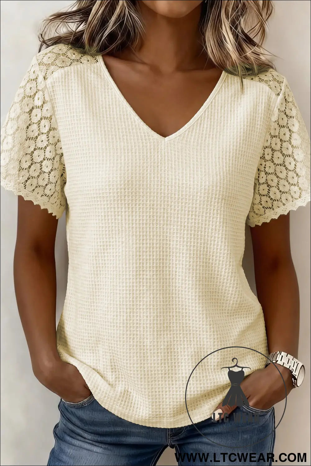 Pink Lace Splicing Button Cutout V Neck Waffle Knit Blouse - L.T.C Wear Online Fashion Store