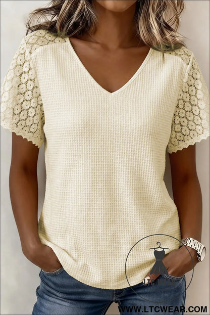 Pink Lace Splicing Button Cutout V Neck Waffle Knit Blouse - L.T.C Wear Online Fashion Store