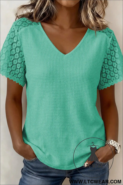 Pink Lace Splicing Button Cutout V Neck Waffle Knit Blouse - L.T.C Wear Online Fashion Store