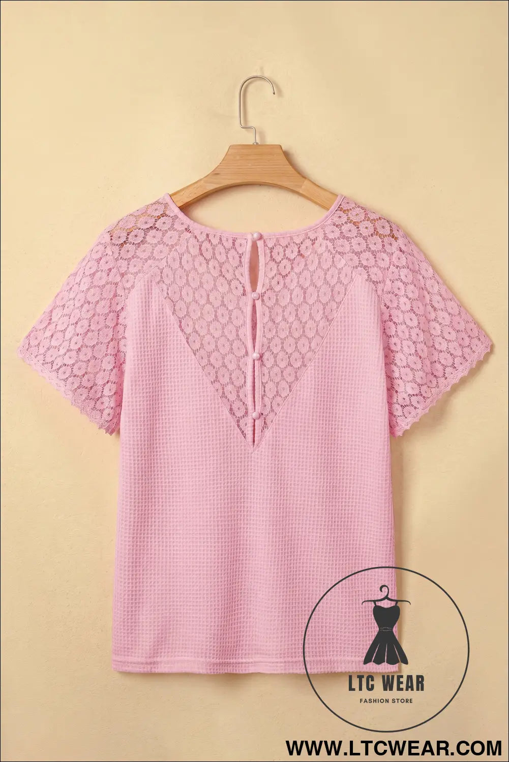 Pink Lace Splicing Button Cutout V Neck Waffle Knit Blouse - L.T.C Wear Online Fashion Store