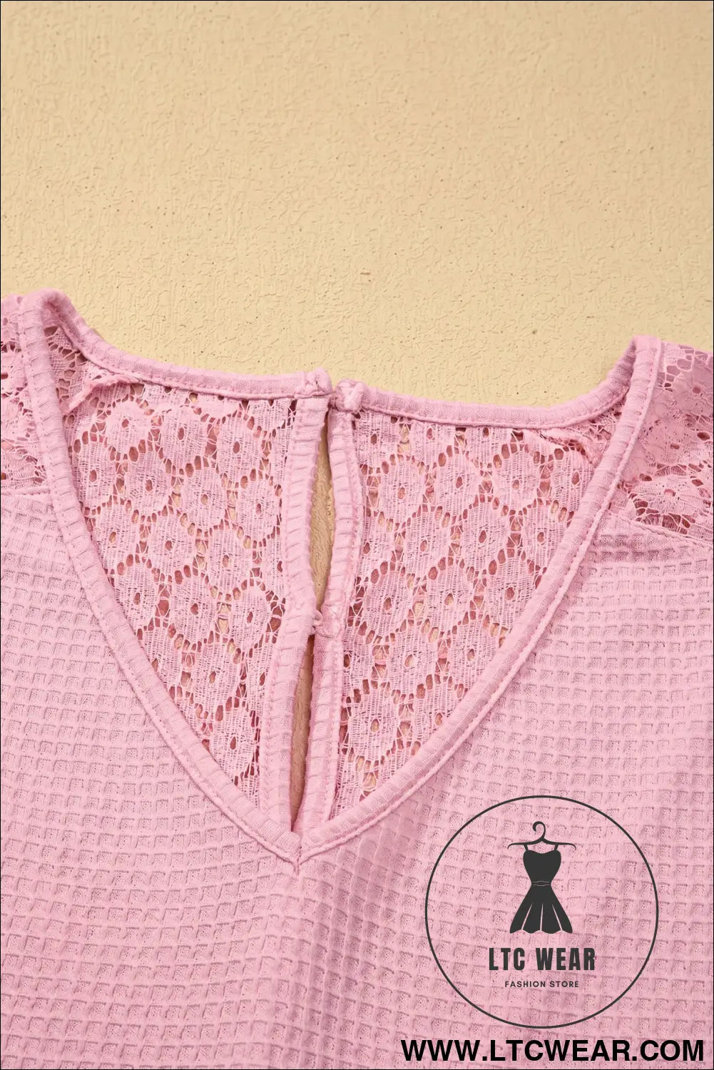 Pink Lace Splicing Button Cutout V Neck Waffle Knit Blouse - L.T.C Wear Online Fashion Store