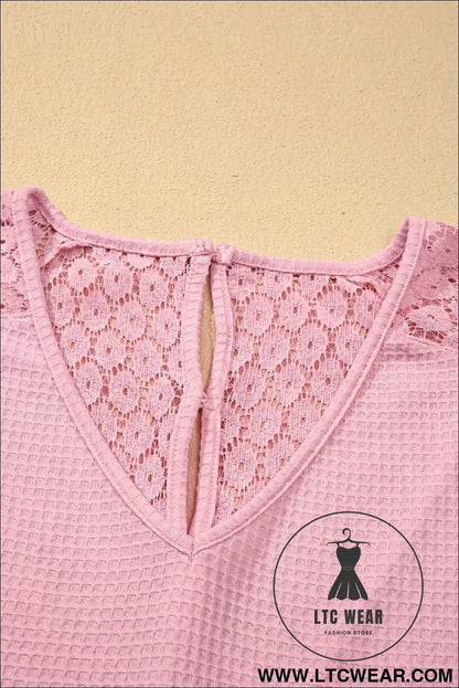Pink Lace Splicing Button Cutout V Neck Waffle Knit Blouse - L.T.C Wear Online Fashion Store