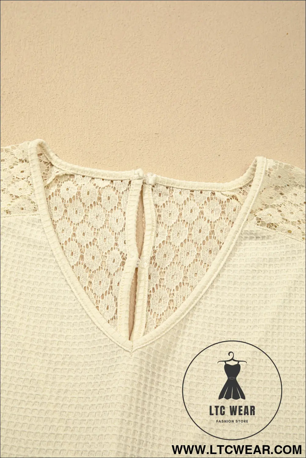 Pink Lace Splicing Button Cutout V Neck Waffle Knit Blouse - L.T.C Wear Online Fashion Store