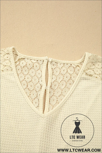 Pink Lace Splicing Button Cutout V Neck Waffle Knit Blouse - L.T.C Wear Online Fashion Store