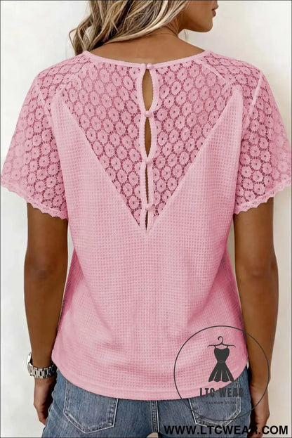 Pink Lace Splicing Button Cutout V Neck Waffle Knit Blouse