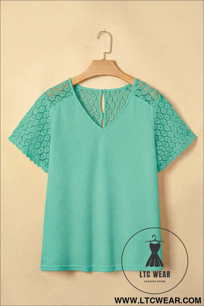 Pink Lace Splicing Button Cutout V Neck Waffle Knit Blouse - L.T.C Wear Online Fashion Store