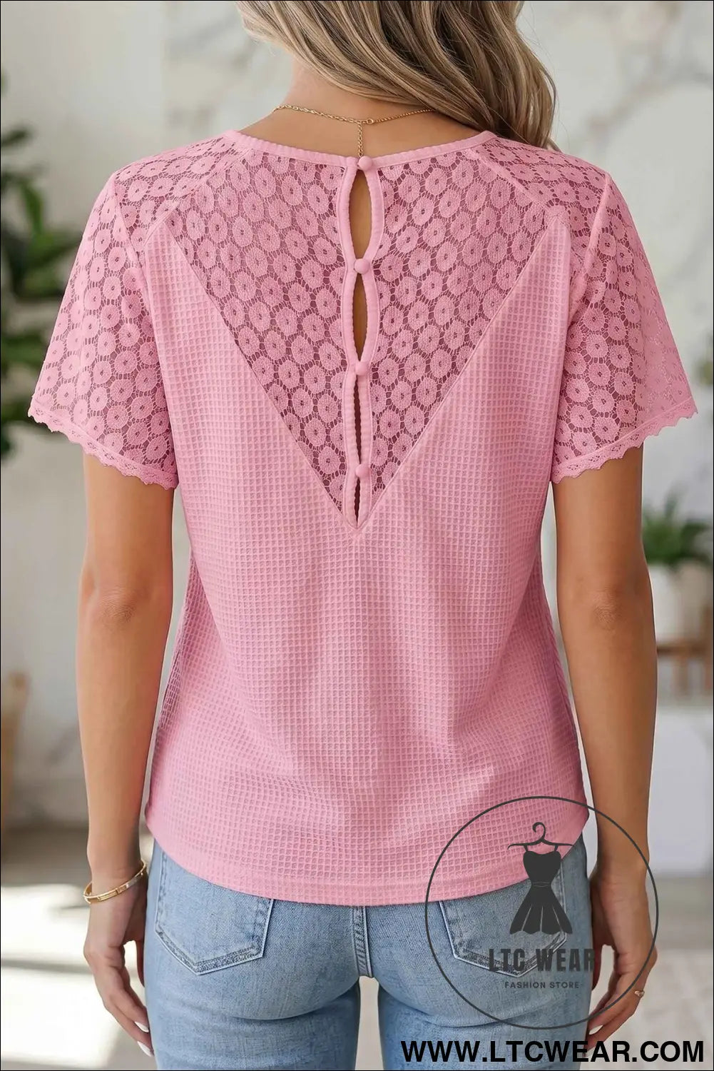 Pink Lace Splicing Button Cutout V Neck Waffle Knit Blouse