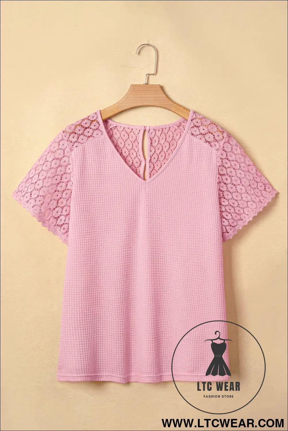 Pink Lace Splicing Button Cutout V Neck Waffle Knit Blouse - L.T.C Wear Online Fashion Store