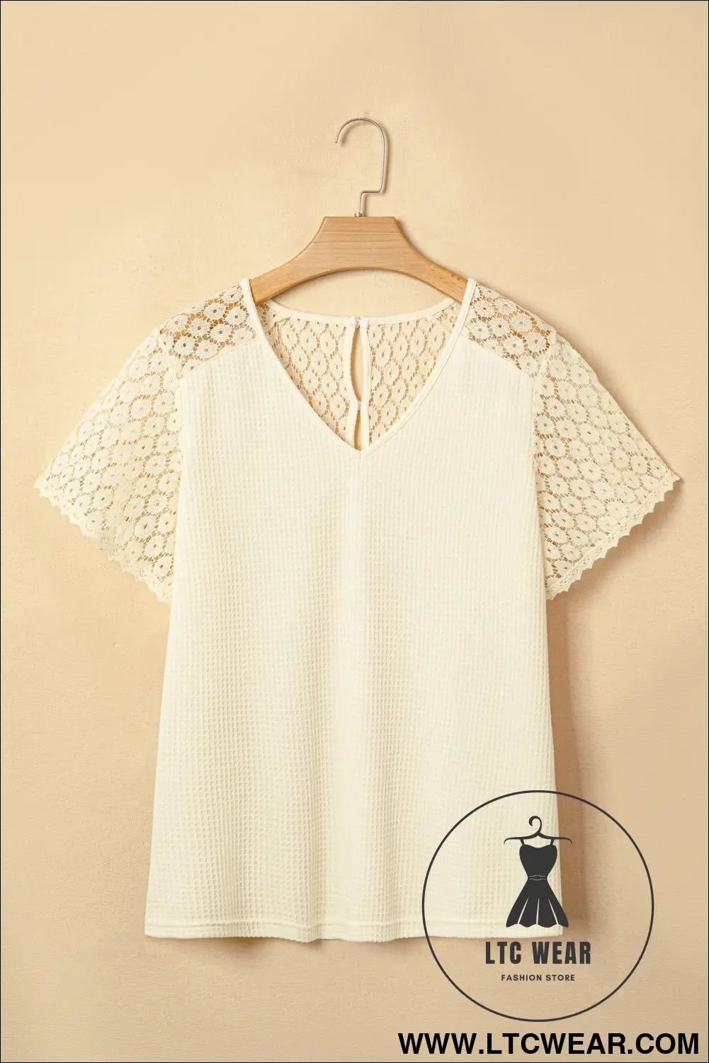 Pink Lace Splicing Button Cutout V Neck Waffle Knit Blouse - L.T.C Wear Online Fashion Store
