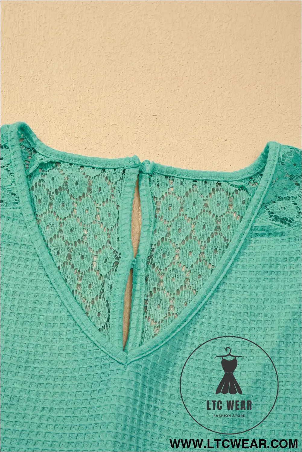 Pink Lace Splicing Button Cutout V Neck Waffle Knit Blouse - L.T.C Wear Online Fashion Store