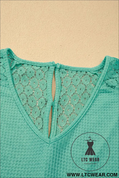 Pink Lace Splicing Button Cutout V Neck Waffle Knit Blouse - L.T.C Wear Online Fashion Store