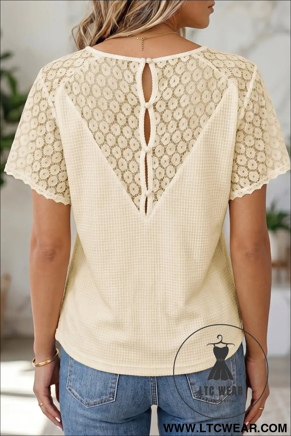 Pink Lace Splicing Button Cutout V Neck Waffle Knit Blouse - L.T.C Wear Online Fashion Store
