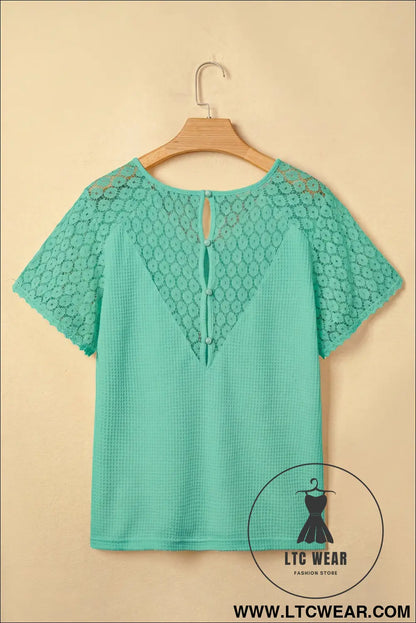 Pink Lace Splicing Button Cutout V Neck Waffle Knit Blouse - L.T.C Wear Online Fashion Store