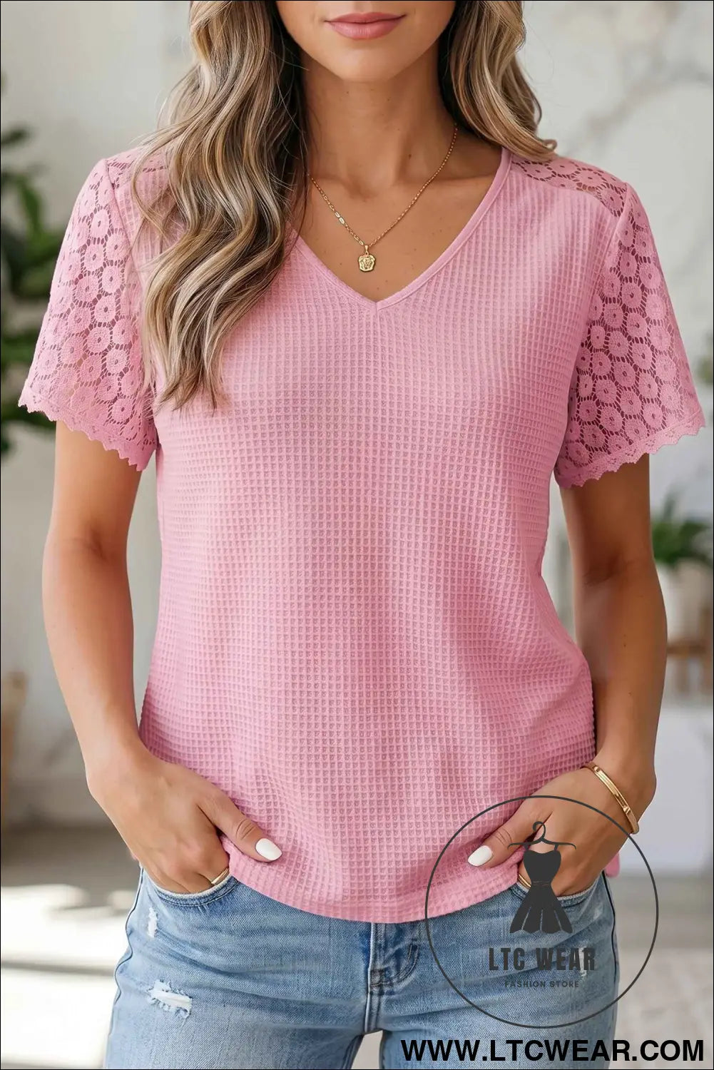 Pink Lace Splicing Button Cutout V Neck Waffle Knit Blouse