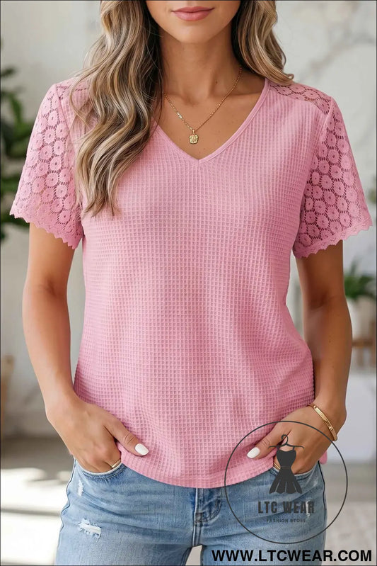 Pink Lace Splicing Button Cutout V Neck Waffle Knit Blouse
