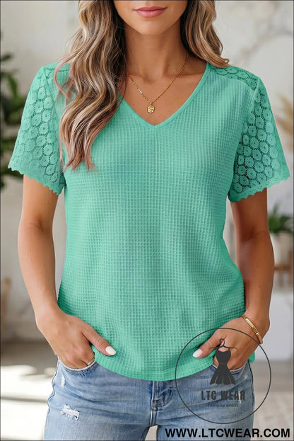 Pink Lace Splicing Button Cutout V Neck Waffle Knit Blouse - L.T.C Wear Online Fashion Store